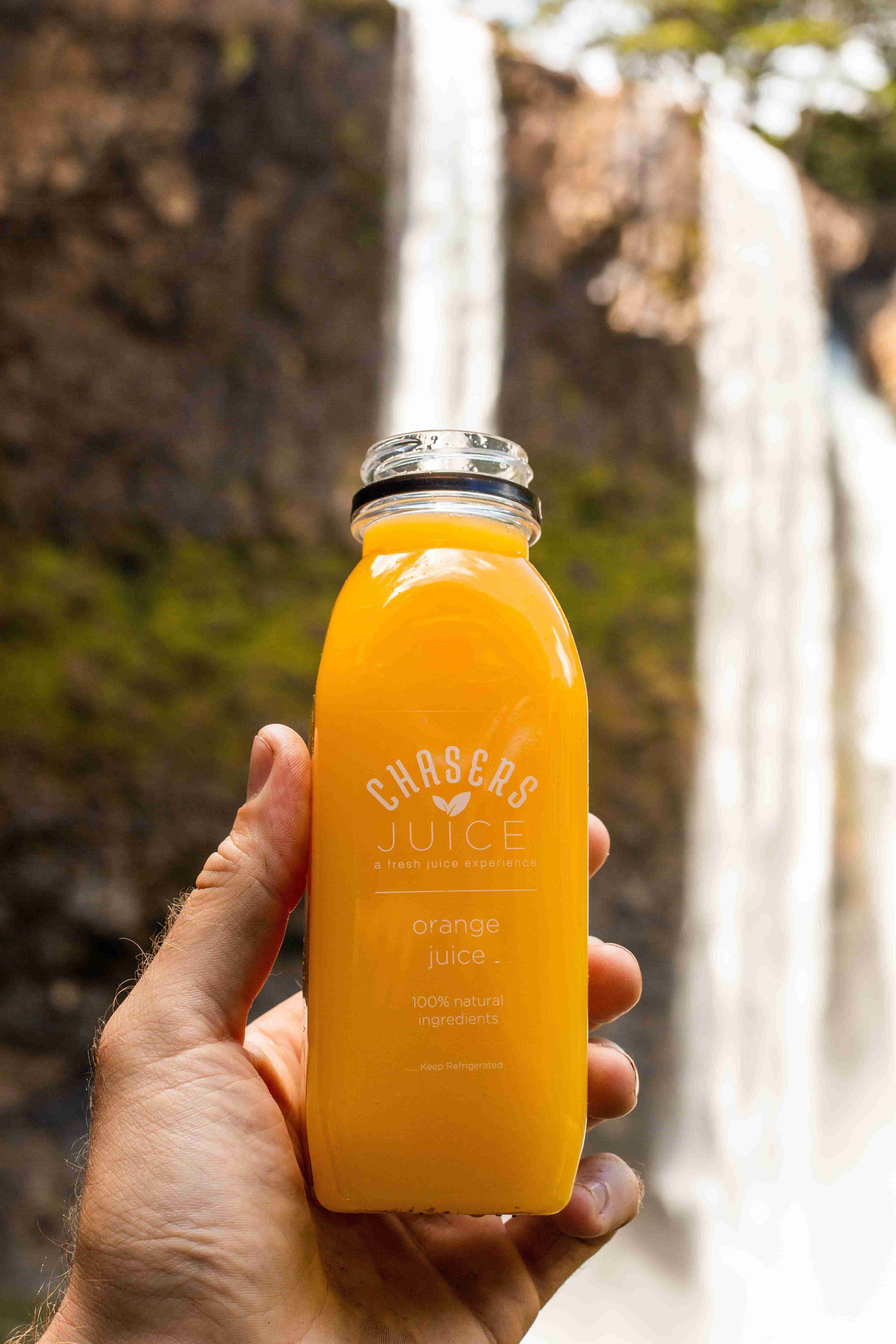 Hand holding bottle of orange juice